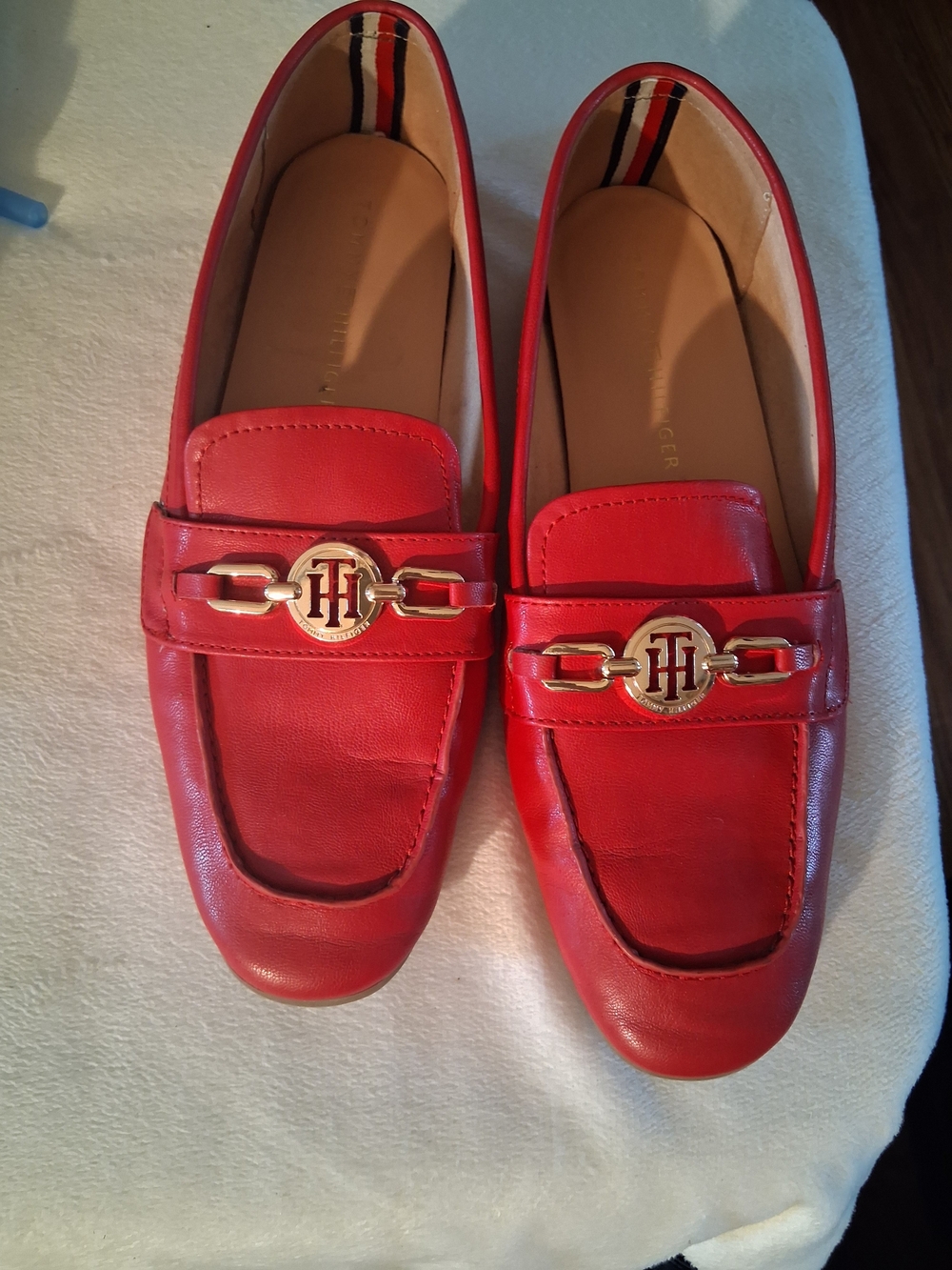 Tommy Hilfiger Red Leather Logo Bit Loafers - Gold Hardware